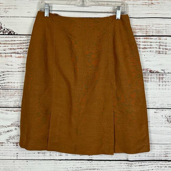 Women VTG Giorgio Sant Angelo Brown Linen Blend Office Pencil Skirt Slit Size 12 - Picture 1 of 5